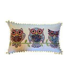 Colorful Owl Pillow With Pom Pom Trim - Handcrafted Decorative Cushion